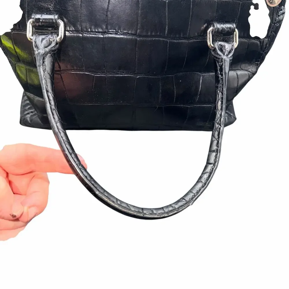 Karen Millen Black Croc Embossed Leather Satchel Top Handle Bag